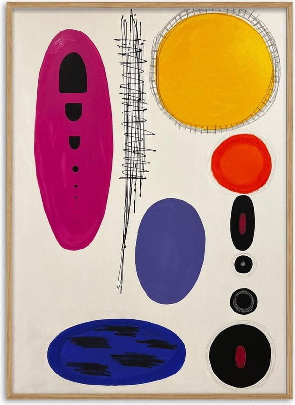 Inner Orbits - Eclipse of Self by Laura Notari - magenta, yellow, orange and blue ovals with black rings on cream