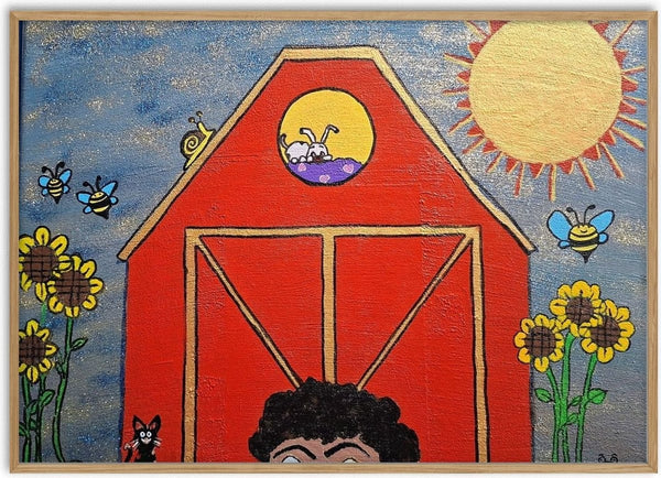 Innocence by Naïve Art by YLR - a red barn with rabbits in the loft among sunflowers, bees and a gold sun