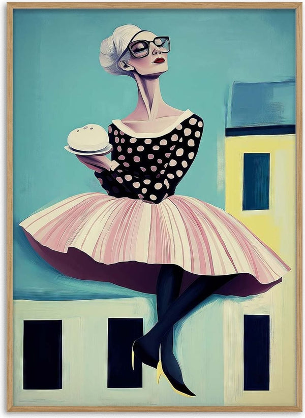 Stylized woman in polka-dot top and pink skirt holding a bun, seated against geometric house shapes; It's My House cover.