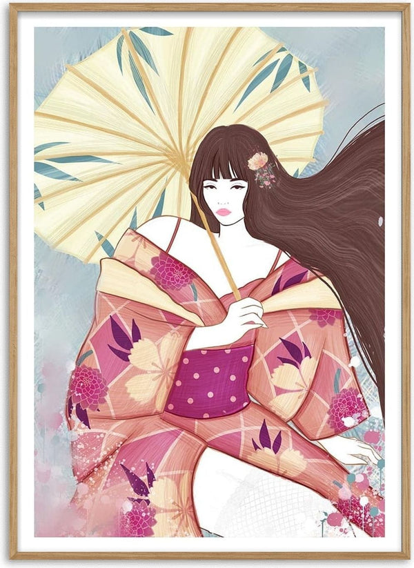 Illustration of a woman in a floral kimono holding a yellow parasol, representing Japanese Impulse - Kate Aitana.