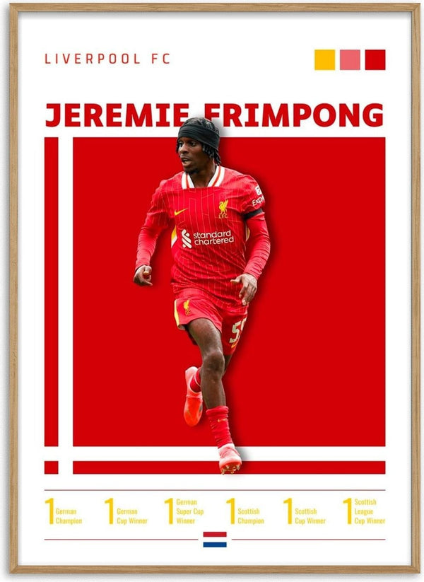 Jeremie Frimpong in Liverpool kit on a red poster, with club stats and achievements displayed below.