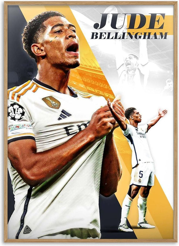Jude Bellingham football poster featuring him celebrating in a Real Madrid jersey with dynamic graphic elements.