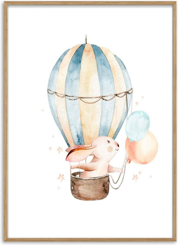 Illustration of a rabbit in a hot air balloon holding balloons, featured on the Kanin i luftballon Plakat.