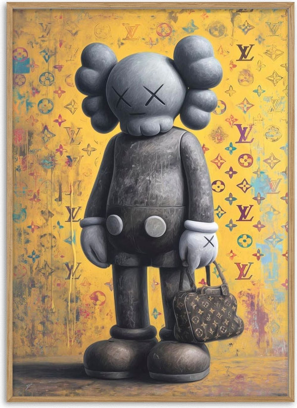 Kaws-inspired figure holding a Louis Vuitton bag, with logo pattern background by Danii Steinfeldt.