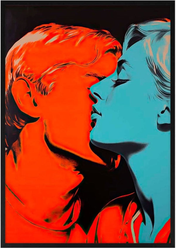 Pop art portrait of a man and woman in vibrant colors, inspired by Andy Warhol, for Kiss Me Andy Warhol - David Wolf.