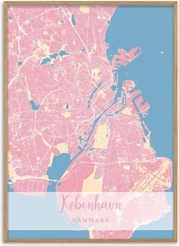 Pink and blue illustrated map of Copenhagen with "København Danmark" text on a product page for København By Plakat Lyserød.