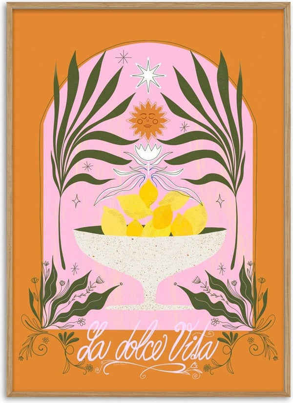 Illustration of vibrant lemons in a bowl with botanical accents, labeled "La Dolce Vita Lemons - Baroo Bloom."
