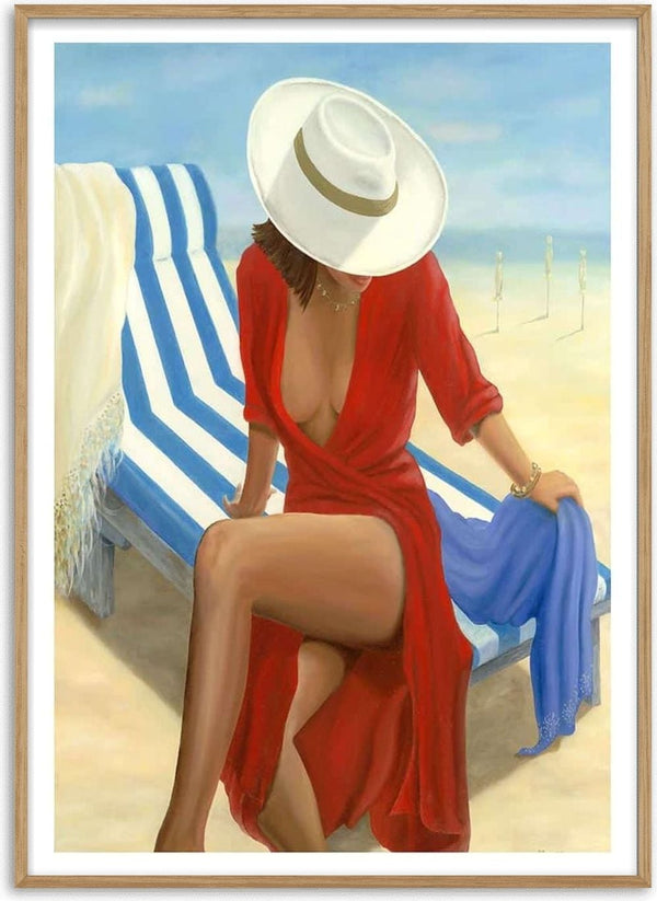 A woman in a red dress and white hat sits on a beach chair with blue stripes; art by Martina Karlsson.