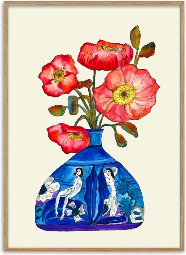 Laides Red Poppy by Marjorie Salvagni - red poppies in a wide cobalt vase painted with two figures