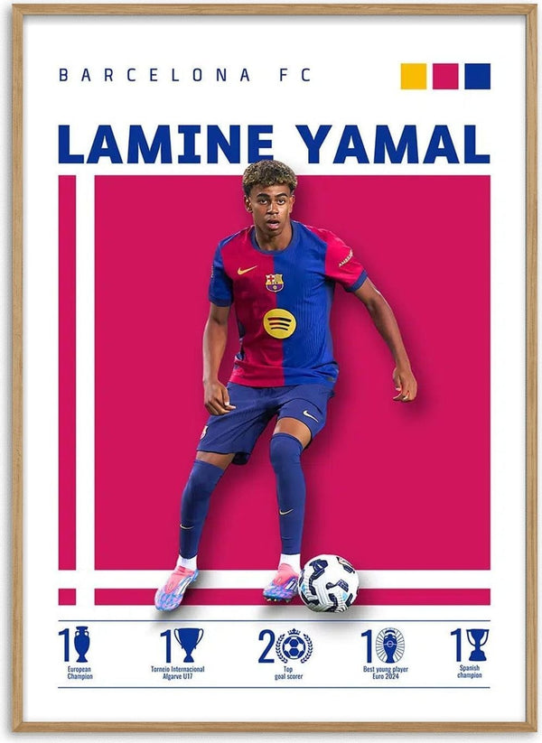 Poster of Lamine Yamal in Barcelona FC kit with club achievements at the bottom, featured on a football product page.