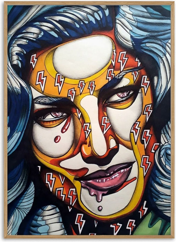 Lauren Bacall by Okiana - a street-art portrait in yellow and orange with red lightning bolts