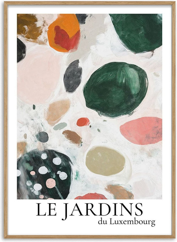 Abstract art print with colorful organic shapes, titled "Le Jardin Du Luxembourg 02" on a white background.
