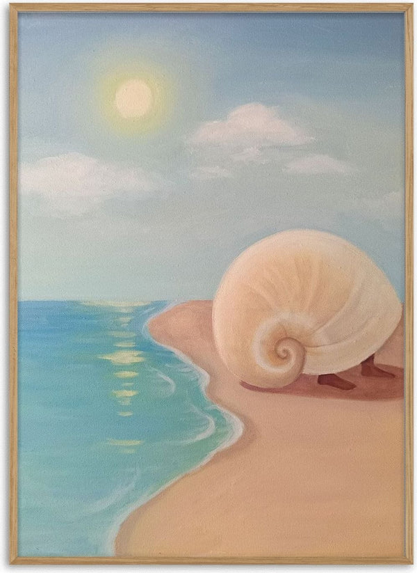Leaving the sea by NeReid - cream spiral shell with bare feet on pink sand by turquoise water