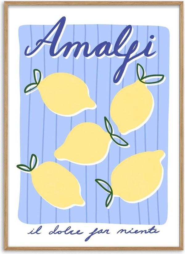 Illustration of five lemons on a blue background with "Amalfi" and "il dolce far niente" text.