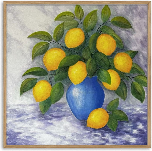 Lemons for You and Me by Tako - yellow lemons on leafy branches in a round blue vase