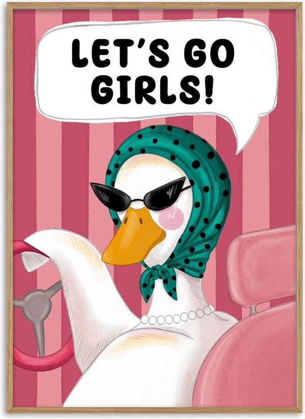 Let's Go Girls by Noomi Rubeksen - a white goose in cat-eye sunglasses and a teal polka-dot headscarf at a pink steering wheel