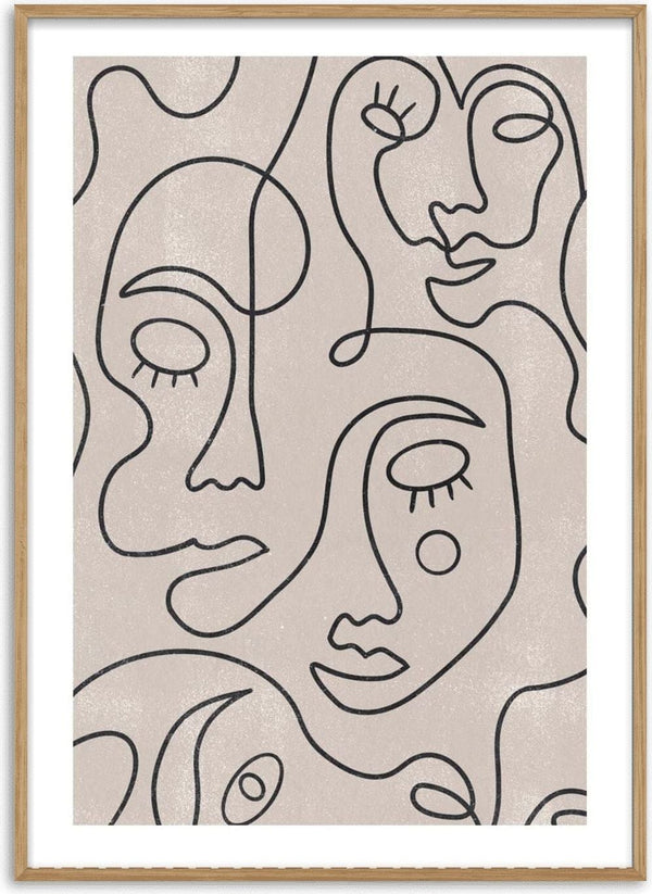 Minimalist line art poster featuring abstract faces on a neutral background, perfect for modern home decor.