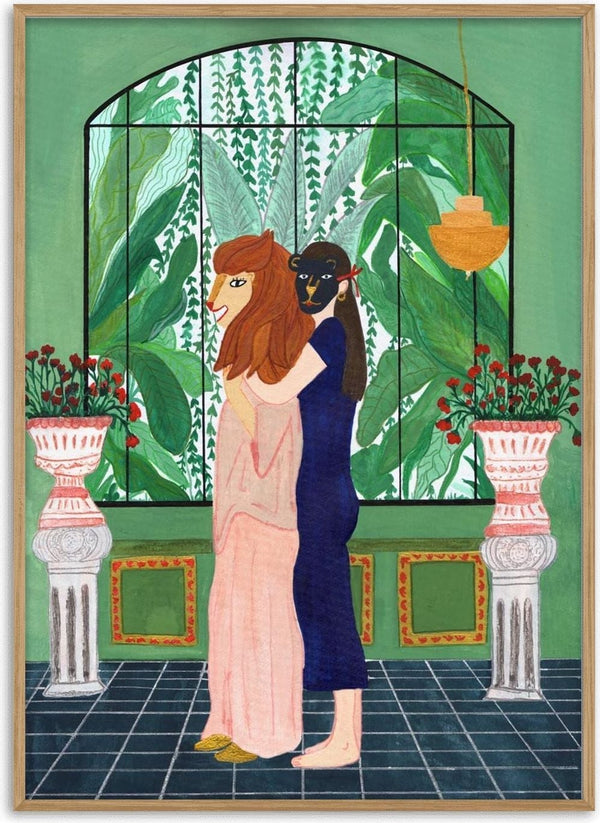 Illustration of a lion-headed mother and child embracing in front of a large window with lush green plants.