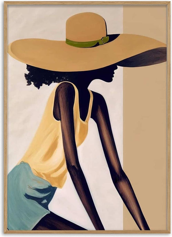 Artwork "Loophole" by David Wolf featuring a woman in a sunhat, yellow top, and blue shorts against a neutral background.