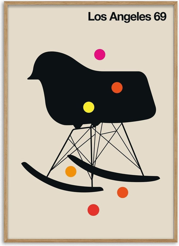 Los Angeles 69 by Bo Lundberg - a black mid-century rocking chair with floating circles on warm beige
