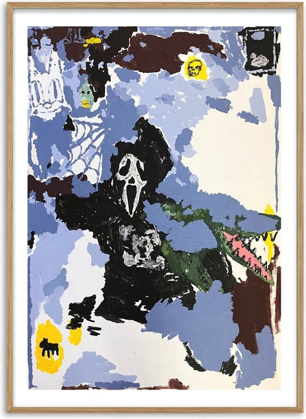 LOVE IS A DOG FROM HELL by Oscar Birch - a Ghostface figure and a green crocodile in blue and brown