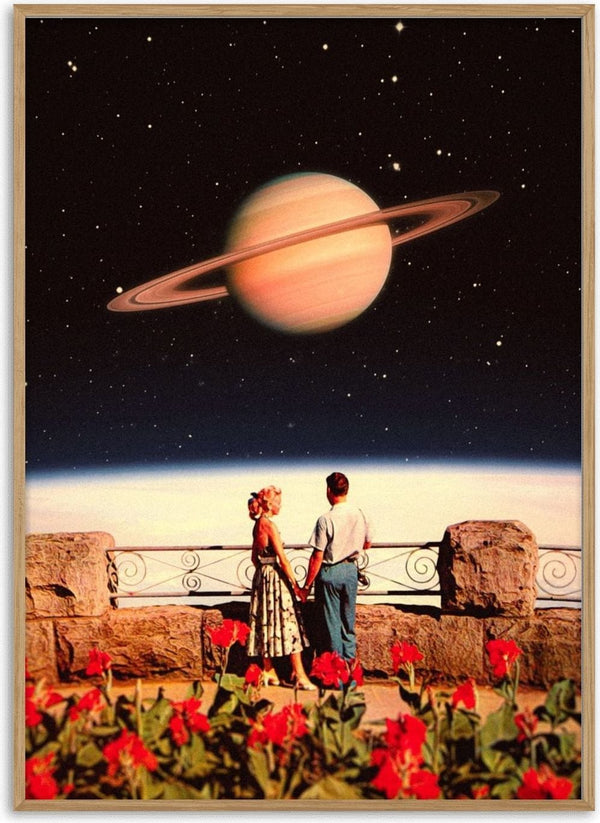 Lovers in Space by Taudalpoi, a 1950s couple watching Saturn above a bed of scarlet flowers