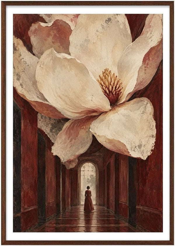 Magnolia in the Hall by Matthews Gallerie - a giant white magnolia filling a deep red corridor