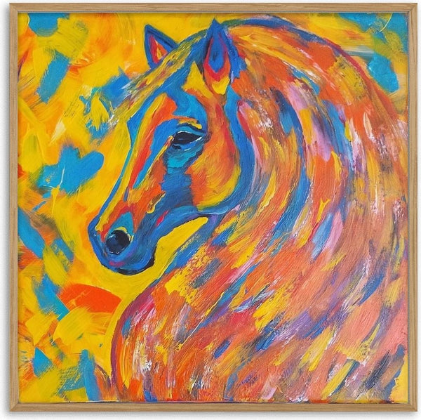 Mane of Wild Fire by Igor Kotnik Art - blue and orange horse head with a swirling mane on yellow