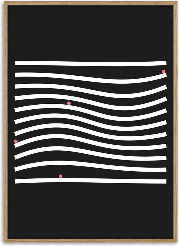 Marbels by Aleksi Allan - white bands waving across black with four small pink dots