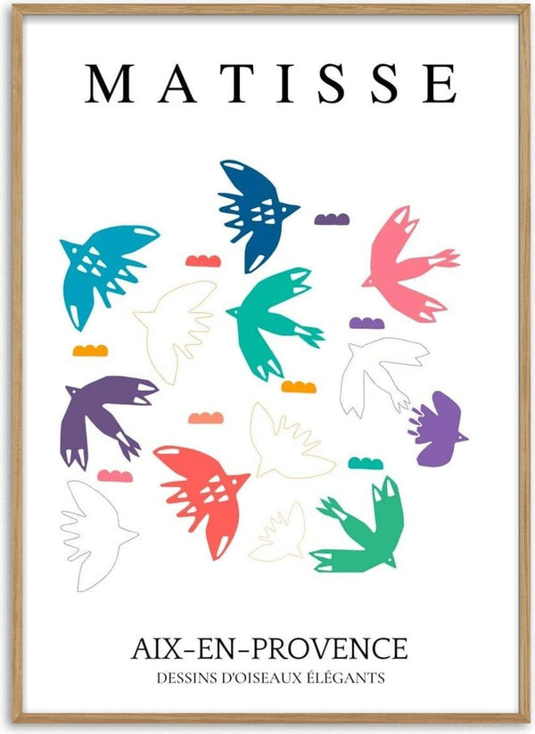 Colorful abstract birds in Matisse-inspired cutout style on a white background, with elegant text above and below.