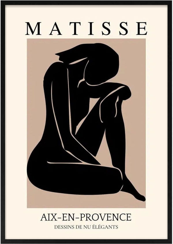 Minimalist black silhouette of a seated nude figure inspired by Matisse, with text "Aix-En-Provence".