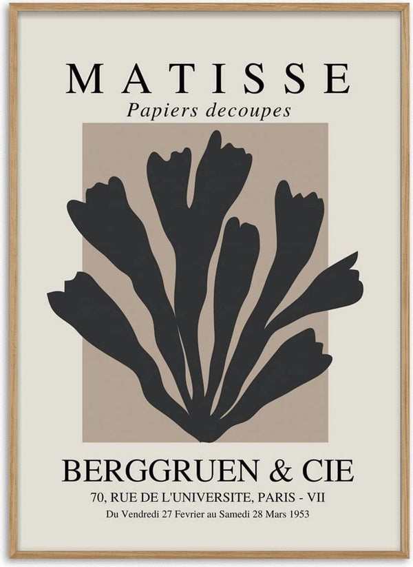 Black Papier Decoupe poster featuring abstract black cut-out shapes on a beige background, inspired by Matisse.
