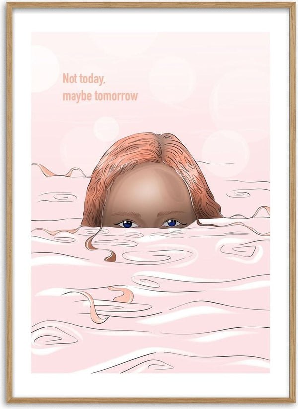 Maybe tomorrow by Lisen Vennesland - a woman floating in pink water with only her eyes above the surface