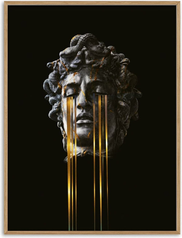 Surreal sculpture of Medusa’s head with golden streaks streaming from her eyes on a black background.