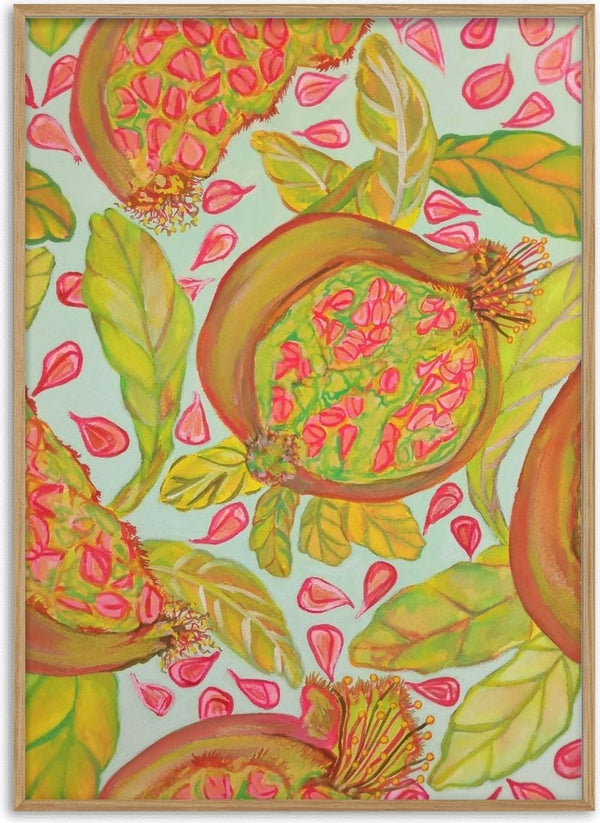 Melagrana con chicchi by Maria Emanuela Fiori - pomegranates full of pink seeds on a pale mint ground