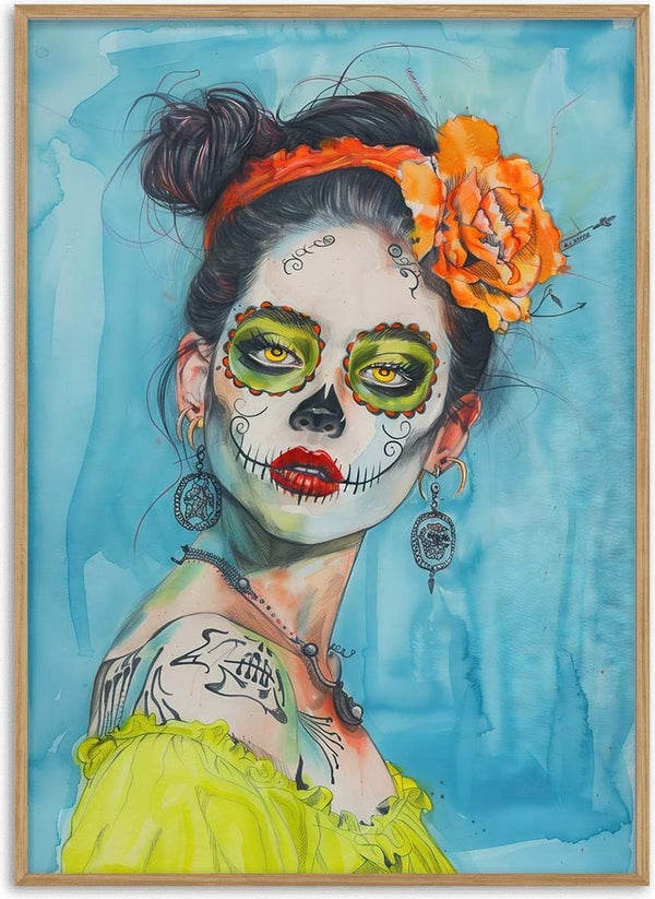 Woman with Day of the Dead face paint, orange flower headband, and green top on Mexican Smile - Tara Green product page.