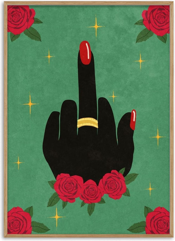 Illustration of a hand with red nails showing the middle finger, surrounded by roses and golden stars.