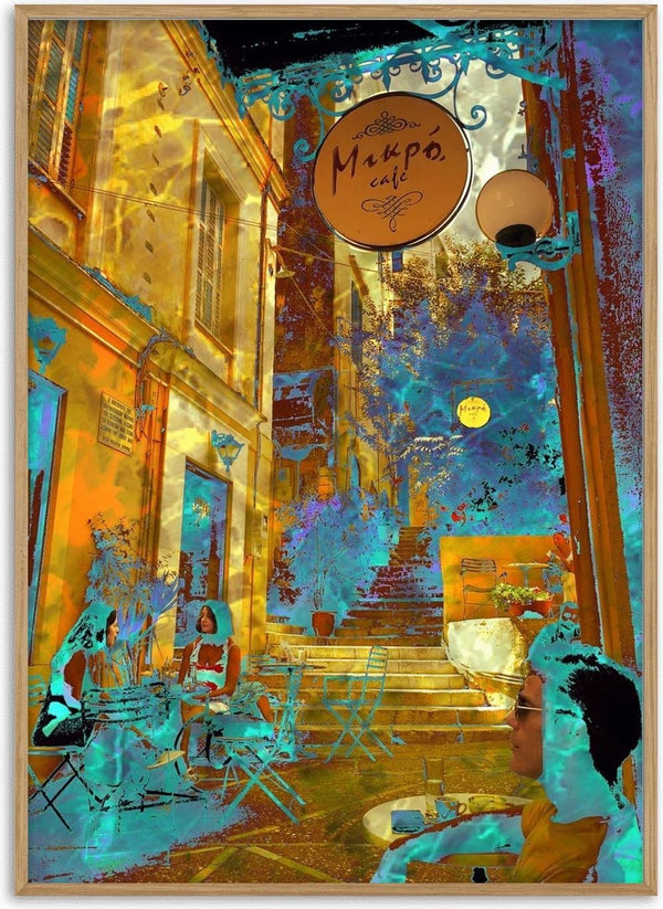 Mikro Cafe by Pelecan Schneider - Corfu alley with a round café sign, broken into patches of turquoise and gold