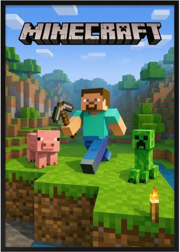 Minecraft poster featuring Steve holding a pickaxe, a pig, and a creeper on grassy blocks with the Minecraft logo.