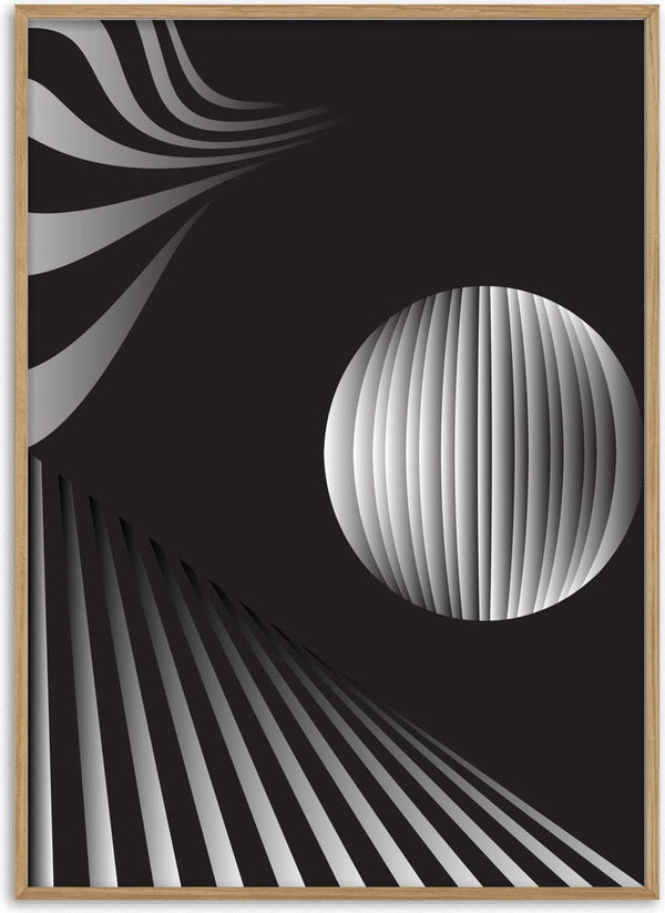 Monochrome II by Aleksi Allan - a striped sphere with fans of grey and white lines