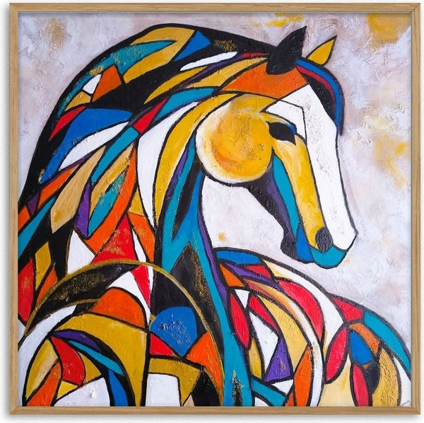 Mosaic Mustang by Igor Kotnik Art - stained-glass style horse head in gold, cobalt and red