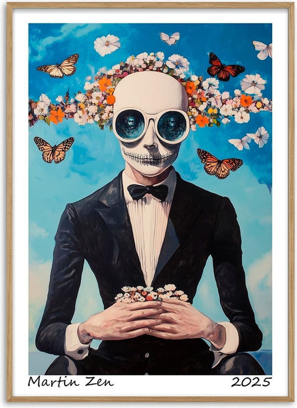 Surreal art of a skeleton in a suit holding flowers, with butterflies and blossoms around its head. "My Butterfly" by Martin Zen.