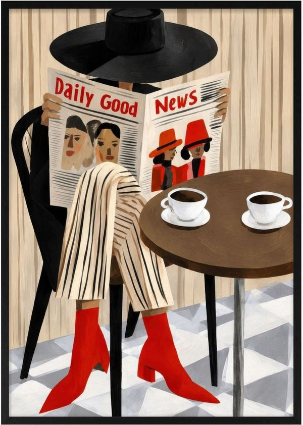 My Coffee Break by Martina Karlsson - a figure in a black hat reading a newspaper at a café table with two coffees