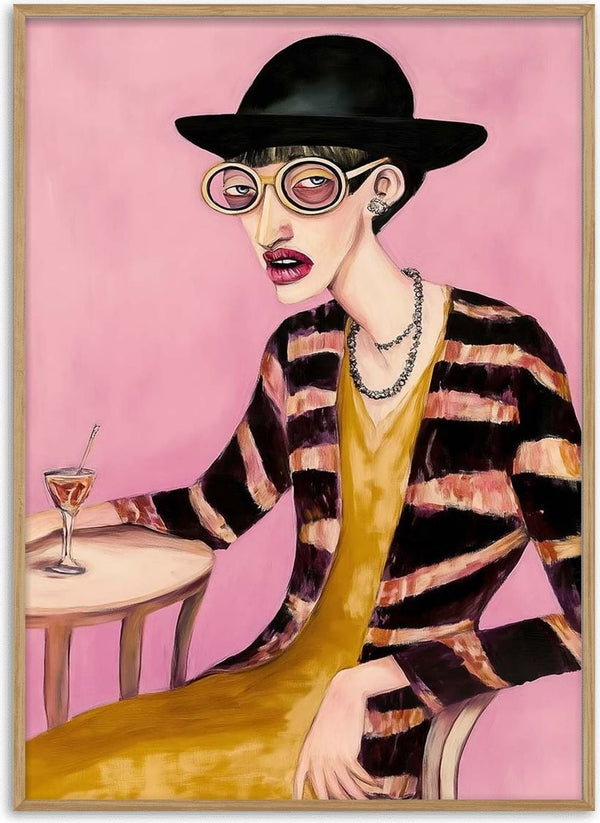 Painting of a stylish person in glasses, striped coat, and hat, seated with a cocktail against a pink background.