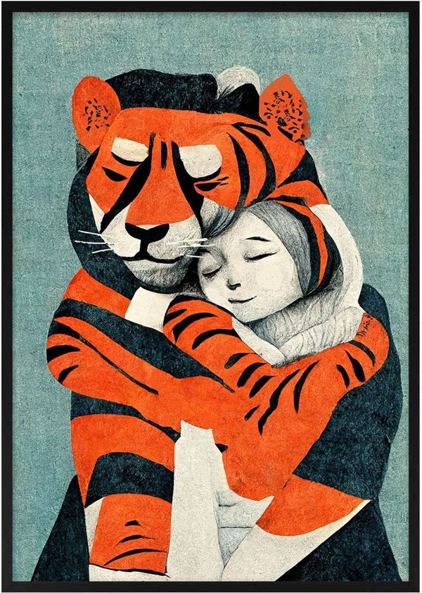 Illustration of a child hugging a tiger, both with peaceful expressions, from My Tiger And Me - Treechild.