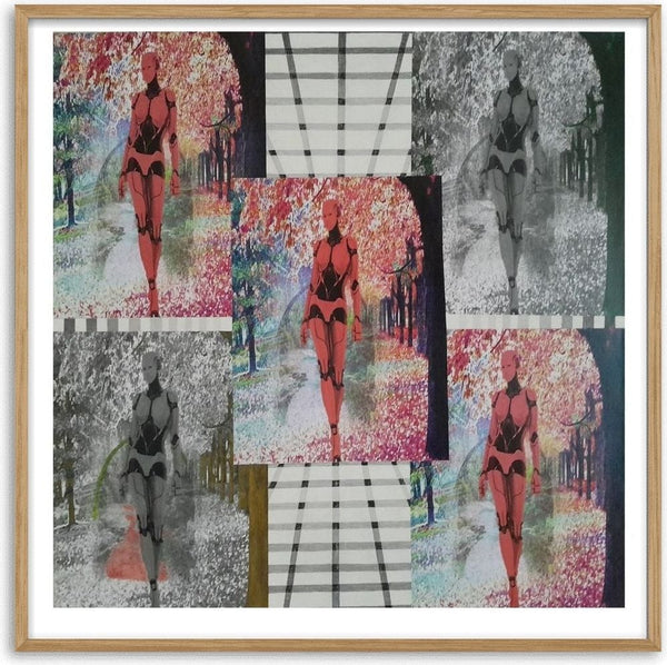 Nature by Kaiser - collage grid of a coral-red robot woman walking down a path between pink and red trees