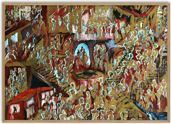 New Thing From London Town by Will Black - an ochre city packed with small blue outlined figures