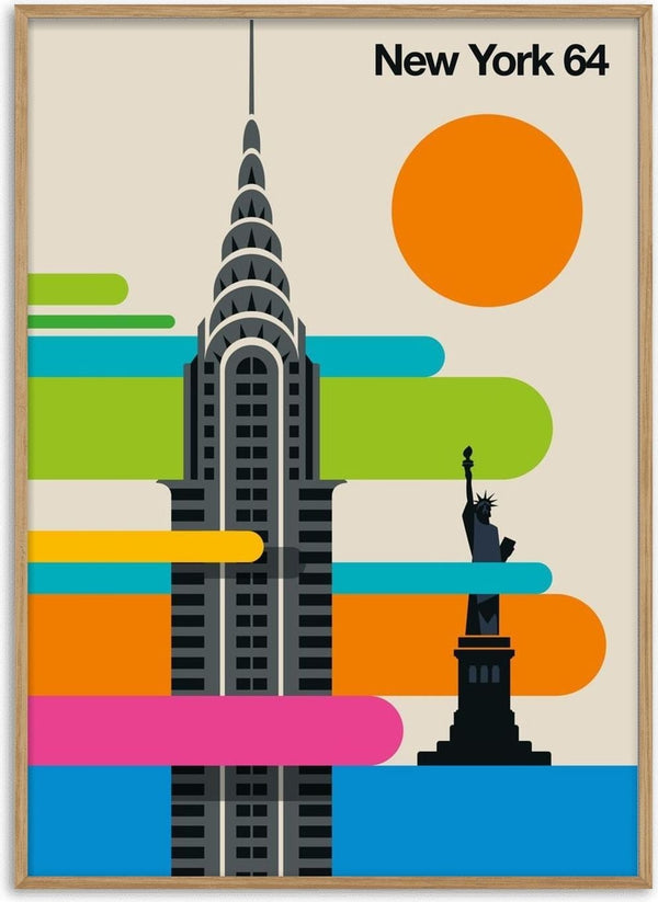 New York 64 by Bo Lundberg - the Chrysler Building and the Statue of Liberty among rounded bars of lime, turquoise and pink