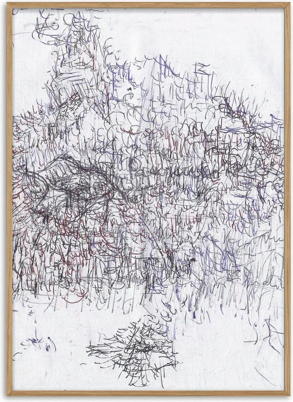 Nike by Priit Ruttas - a winged form drawn in loose blue, red and brown pen loops on white