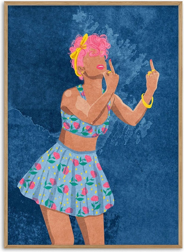 Illustration of a woman with pink hair in a floral outfit, raising both middle fingers; cover art for Not your girl.